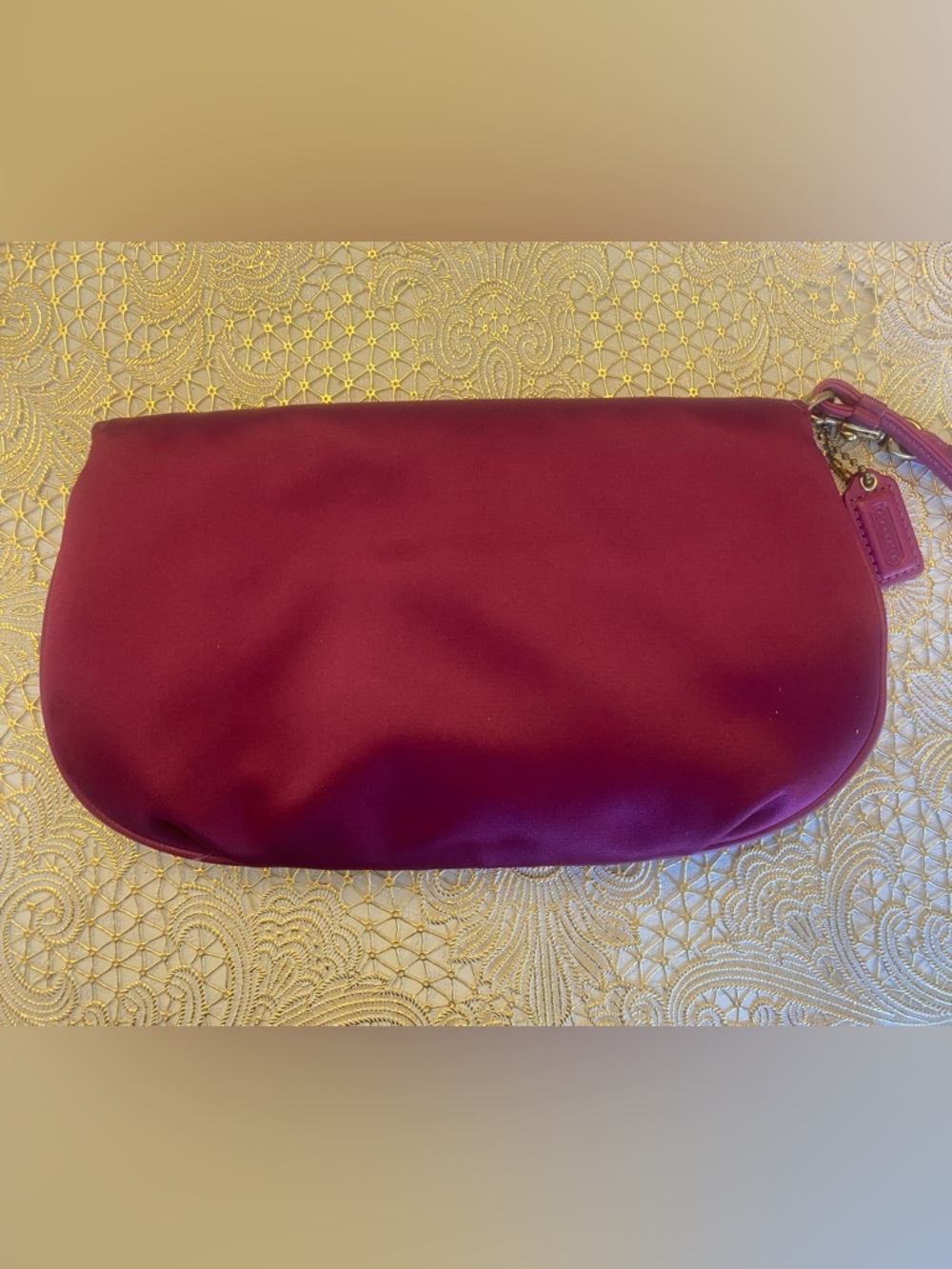 Coach Satin Magenta Wristlet Clutch | Gold Logo | Zip Pouch - Picture 9 of 13